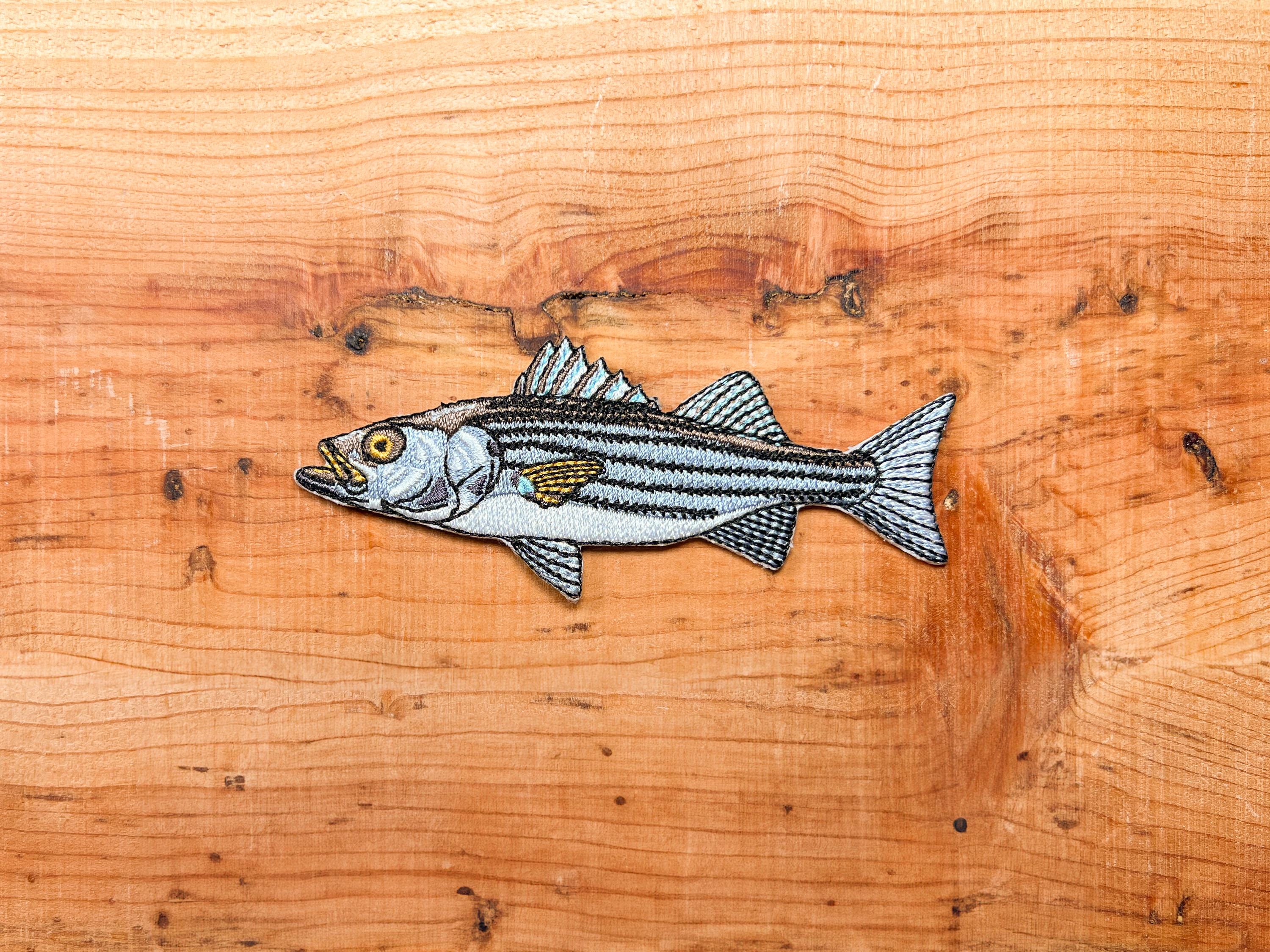 Striped Bass Embroidered Patch | 4 Inch Iron On Fishing Patch for Hats, Jackets & Gear
