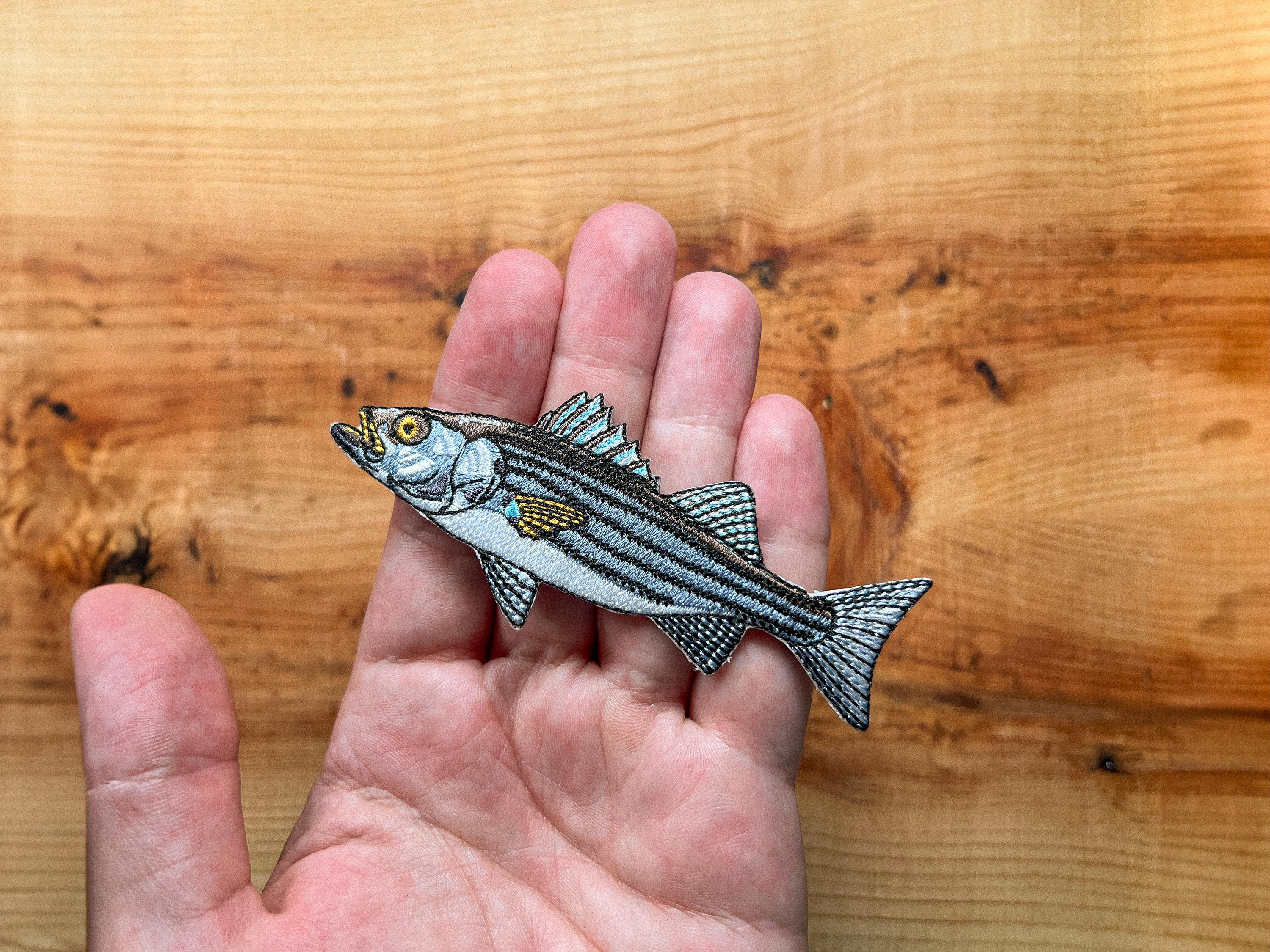Striped Bass Embroidered Patch | 4 Inch Iron On Fishing Patch for Hats, Jackets & Gear